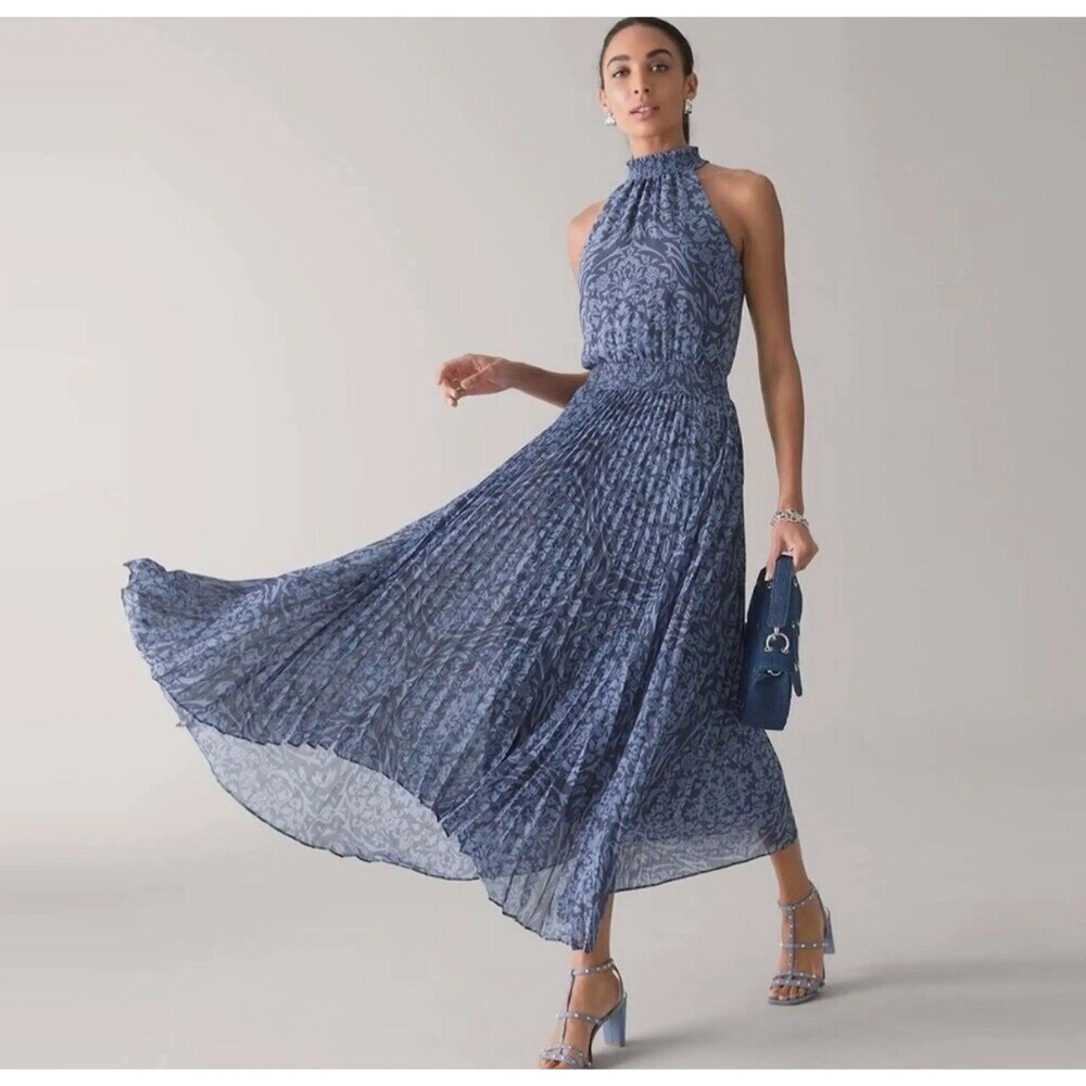 White House Black Market Size 12 Blue Floral Pleated Halter Maxi Dress WHBM